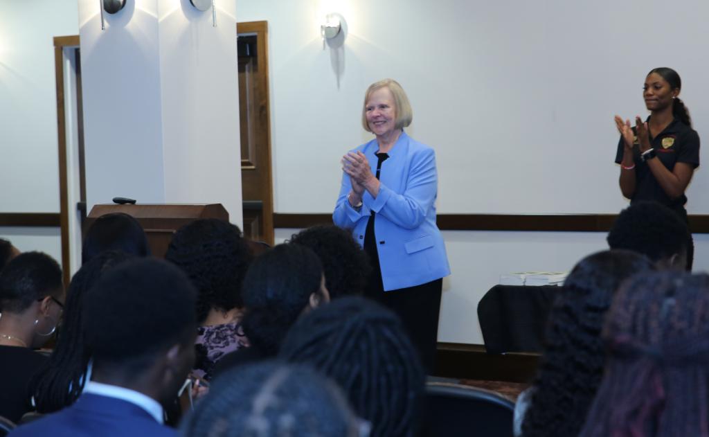 Karen Laughlin Speaking to Students